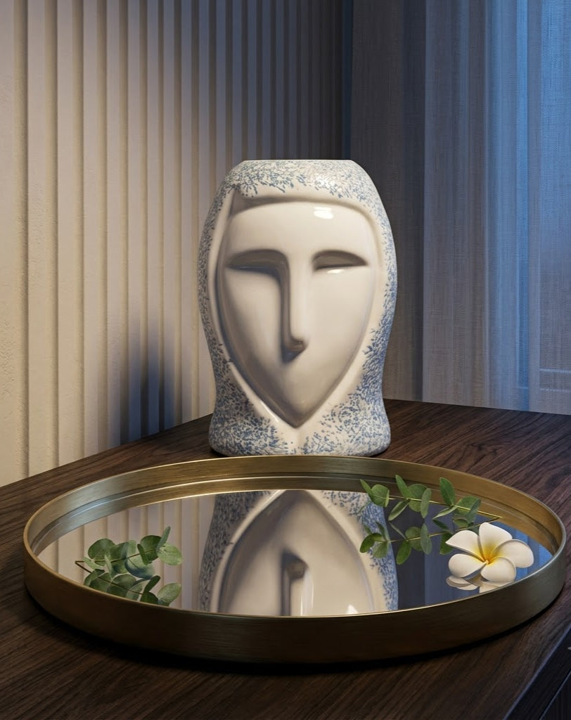 Minimalist Face Sculptural Ceramic Vase - Master Artisan Craftsmanship & Detail Angle | House of Mandana