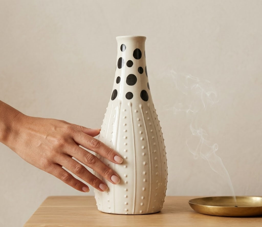 Artisanal Polka Dot Textured Ceramic Vase - Living Room & Mandir Decor Placement | House of Mandana