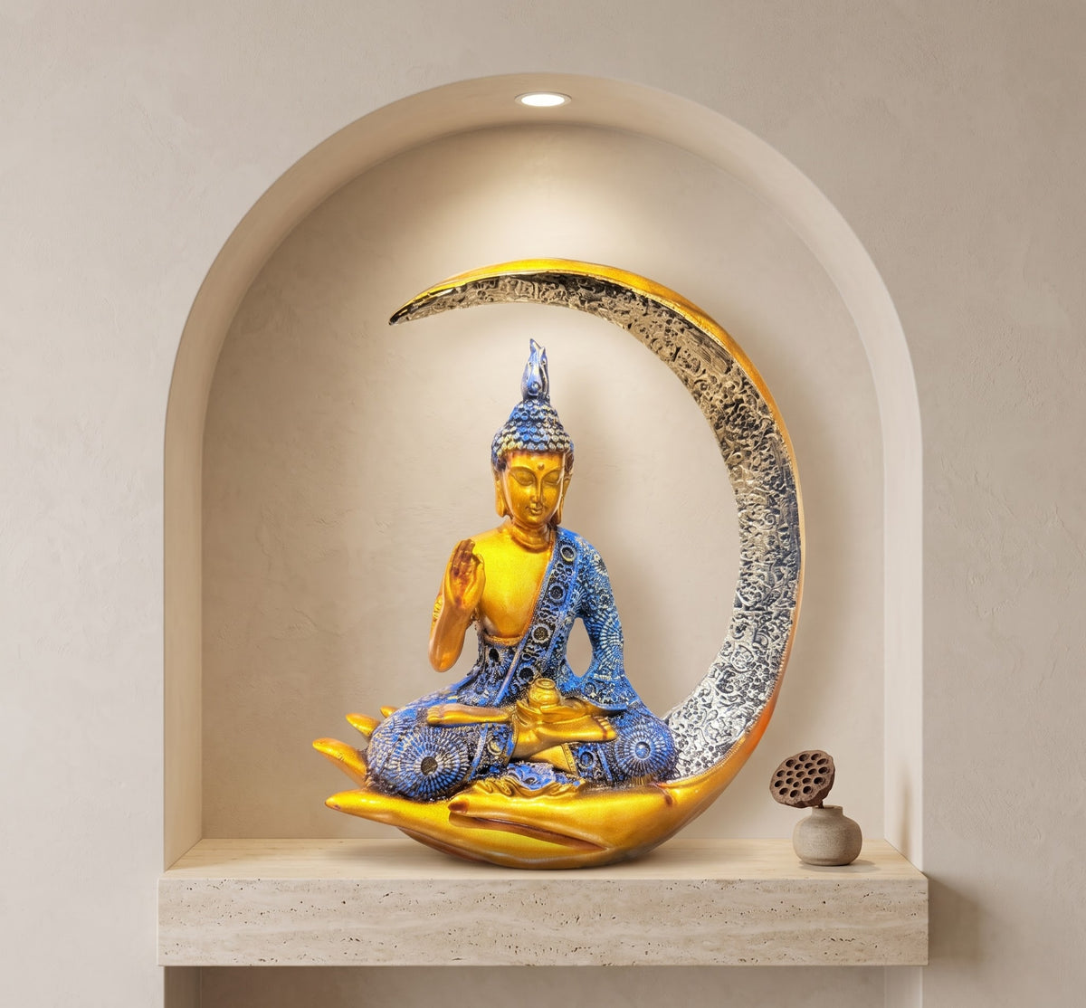 Crescent Serenity Buddha – Twilight Gold Edition - Detailed Artisan View 7 | House of Mandana