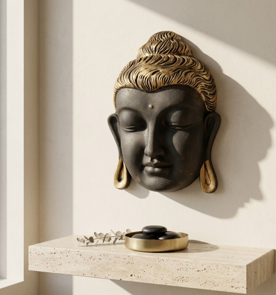 Serene Buddha Face Metal Wall Hanging - Detailed Artisan View 6 | House of Mandana