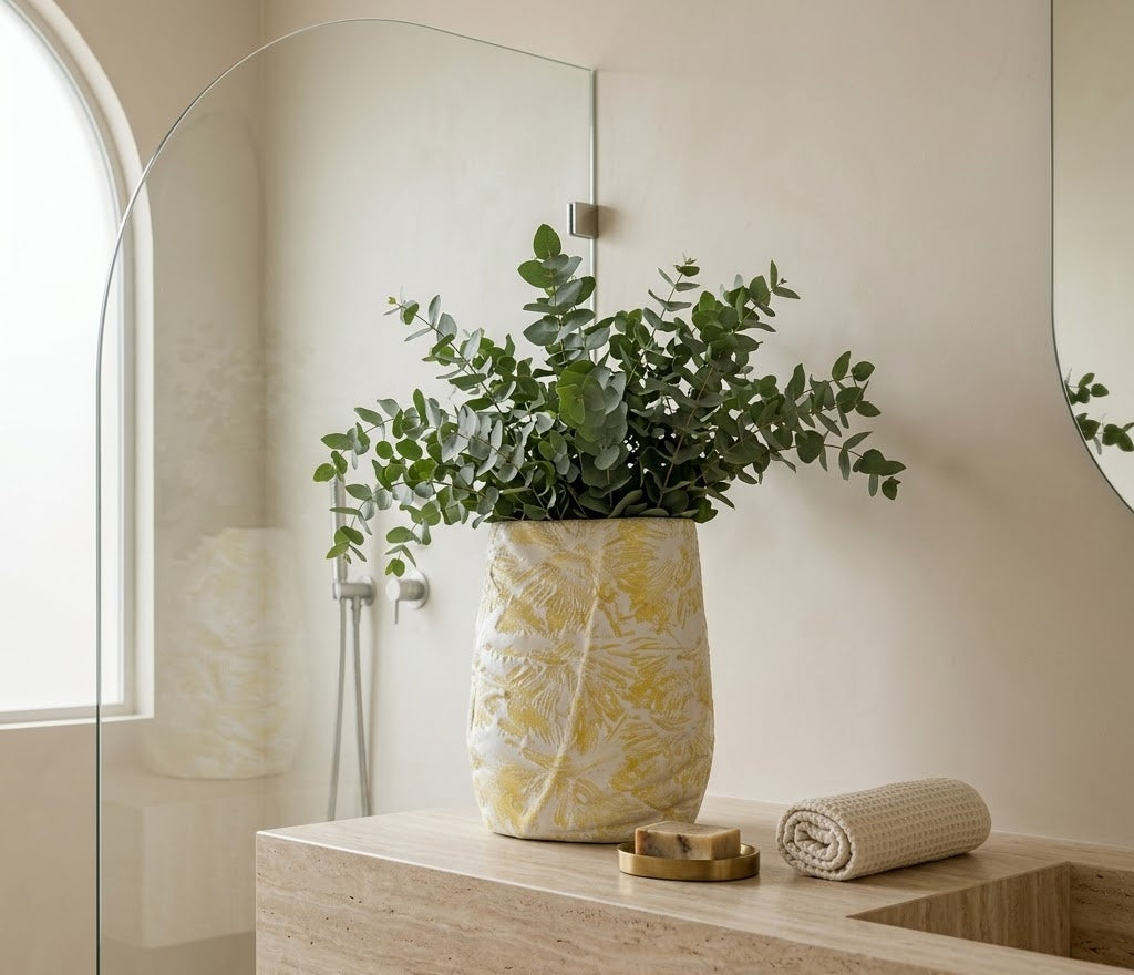 Gilded Leaf Textured Ceramic Accent Vase - Detailed Artisan View 6 | House of Mandana