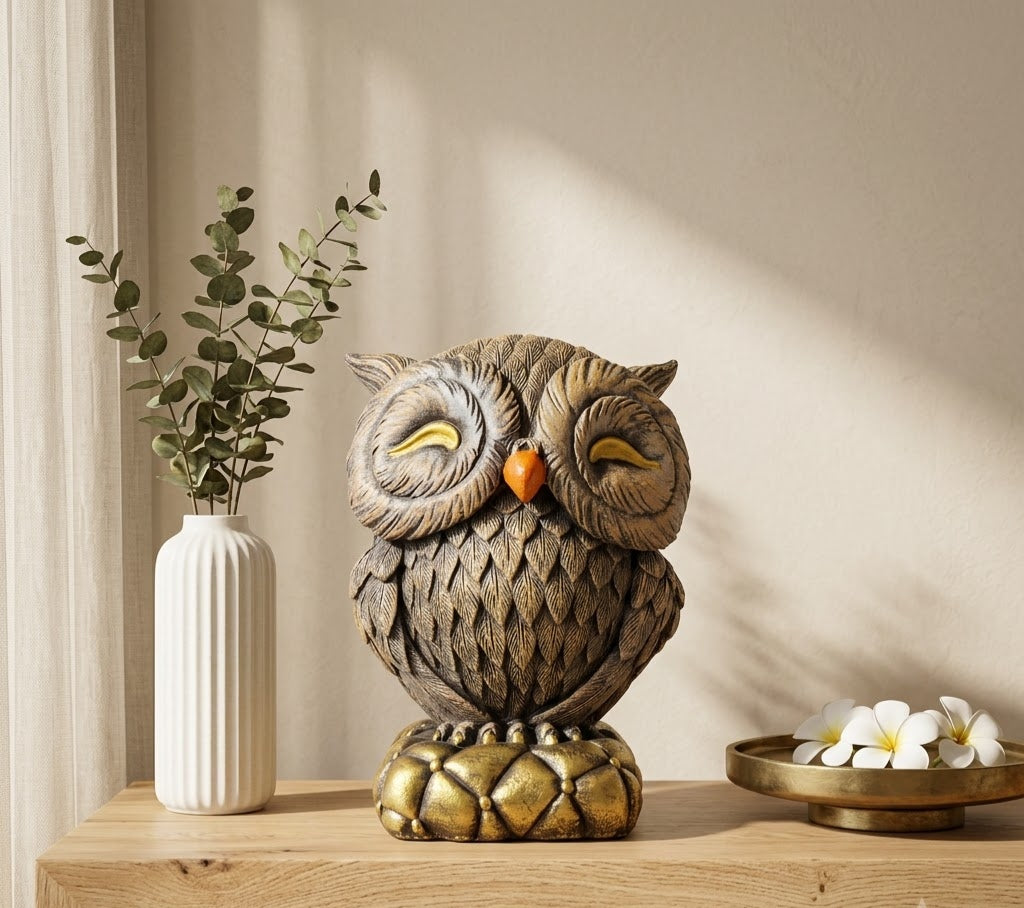 Golden-Eyed Artisanal Owl Table Figurine - Master Artisan Craftsmanship & Detail Angle | House of Mandana