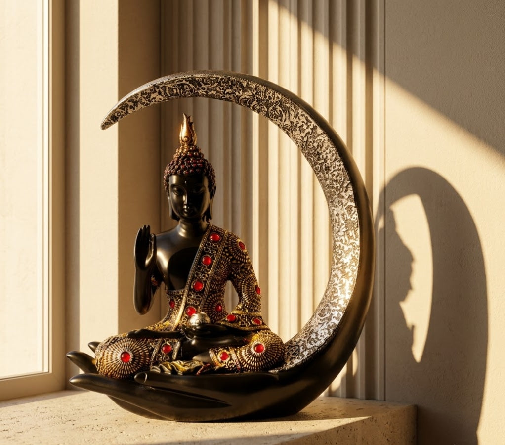 Celestial Crescent Moon Buddha Table Accent - Living Room & Mandir Decor Placement | House of Mandana