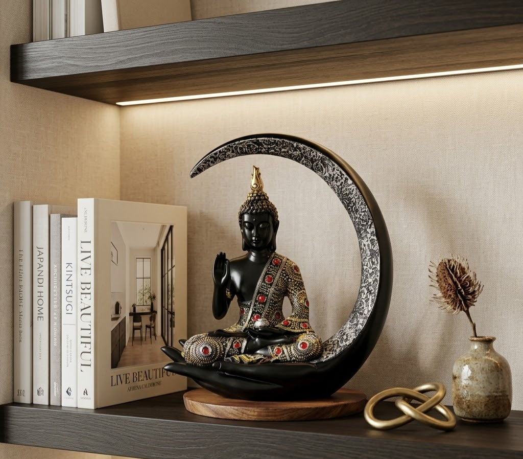 Celestial Crescent Moon Buddha Table Accent - Detailed Artisan View 5 | House of Mandana