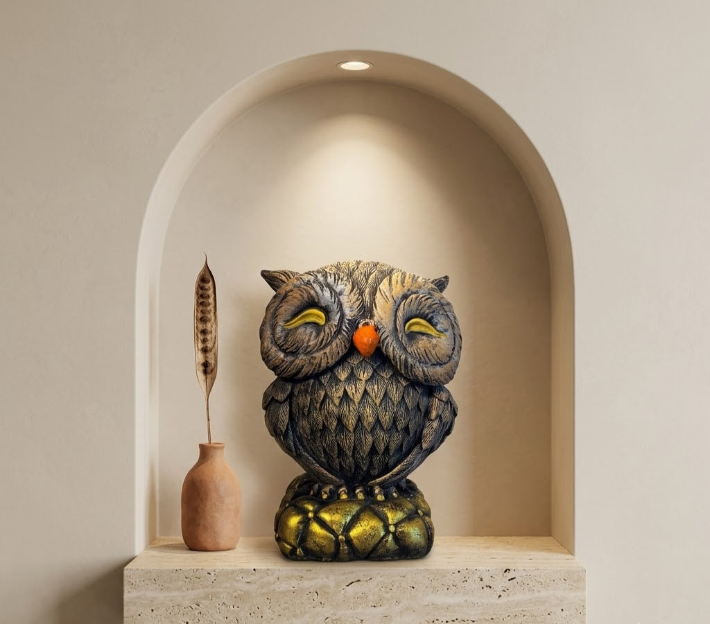 Golden-Eyed Artisanal Owl Table Figurine - Detailed Artisan View 5 | House of Mandana