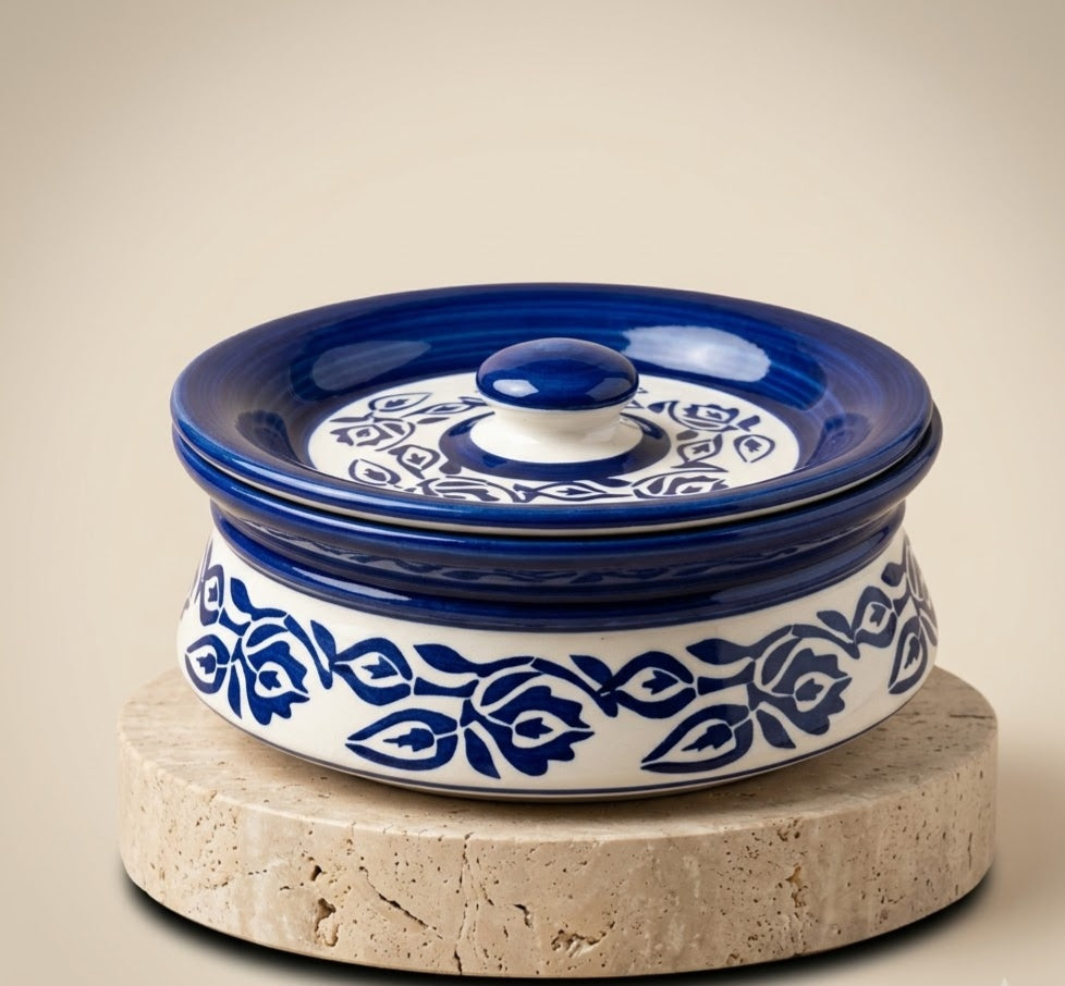 Indigo Heritage Lidded Ceramic Casserole - Master Artisan Craftsmanship & Detail Angle | House of Mandana
